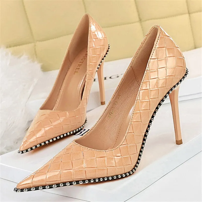 2023 Women Heels 8cm 10.5cm High Heels Rivets Studded Wedding Bridal Pumps Lady Nude Green Middle Low Heels Scarpins Party Shoes