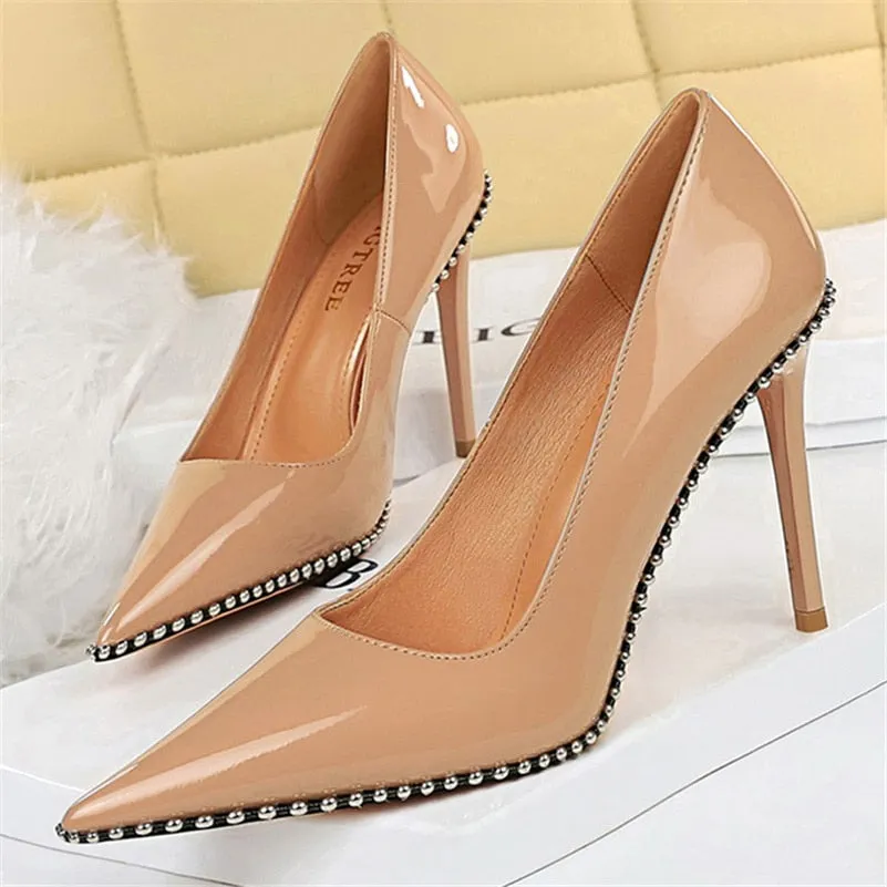 2023 Women Heels 8cm 10.5cm High Heels Rivets Studded Wedding Bridal Pumps Lady Nude Green Middle Low Heels Scarpins Party Shoes