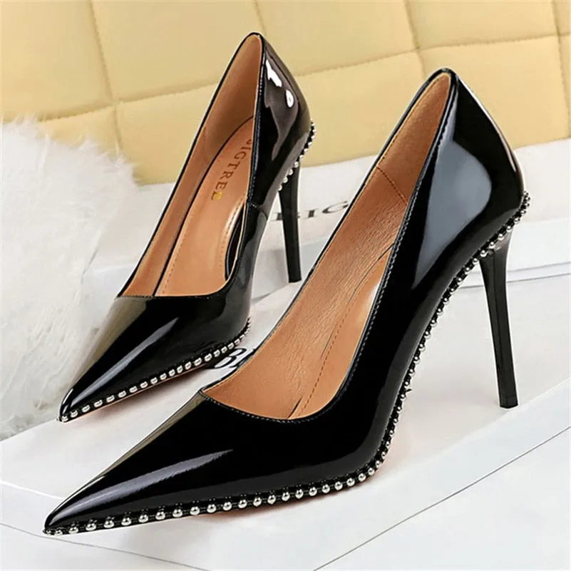 2023 Women Heels 8cm 10.5cm High Heels Rivets Studded Wedding Bridal Pumps Lady Nude Green Middle Low Heels Scarpins Party Shoes