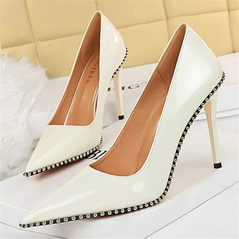 2023 Women Heels 8cm 10.5cm High Heels Rivets Studded Wedding Bridal Pumps Lady Nude Green Middle Low Heels Scarpins Party Shoes