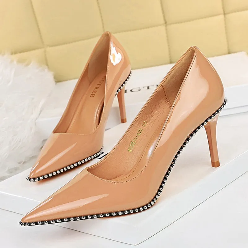 2023 Women Heels 8cm 10.5cm High Heels Rivets Studded Wedding Bridal Pumps Lady Nude Green Middle Low Heels Scarpins Party Shoes