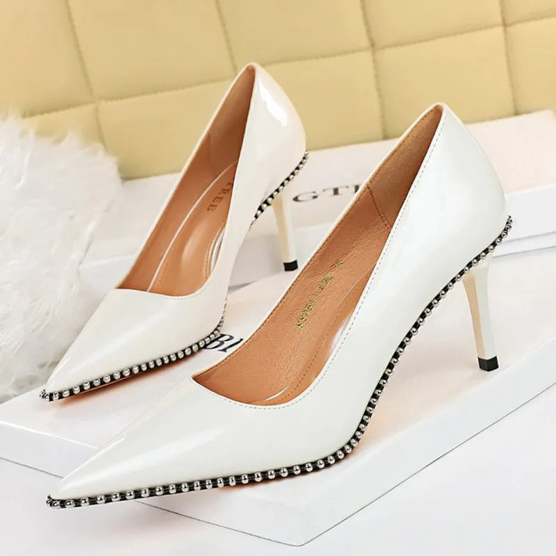 2023 Women Heels 8cm 10.5cm High Heels Rivets Studded Wedding Bridal Pumps Lady Nude Green Middle Low Heels Scarpins Party Shoes