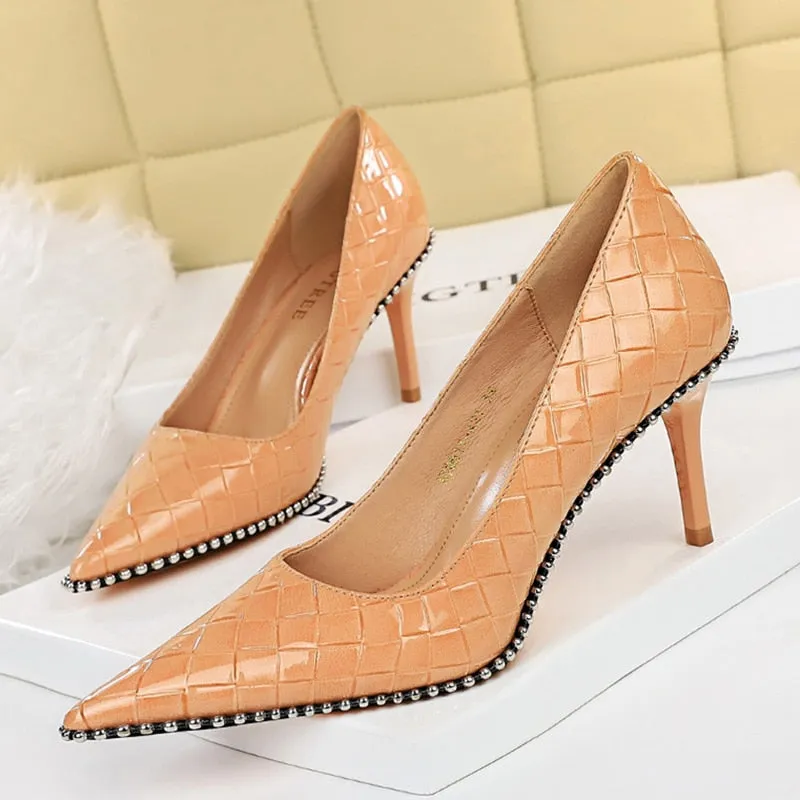 2023 Women Heels 8cm 10.5cm High Heels Rivets Studded Wedding Bridal Pumps Lady Nude Green Middle Low Heels Scarpins Party Shoes