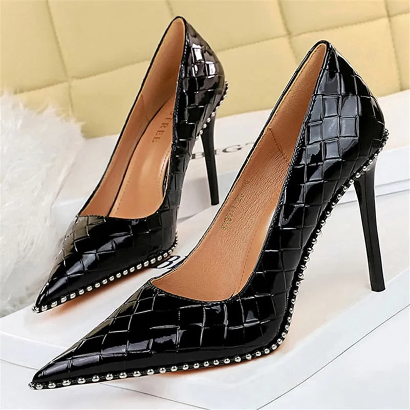 2023 Women Heels 8cm 10.5cm High Heels Rivets Studded Wedding Bridal Pumps Lady Nude Green Middle Low Heels Scarpins Party Shoes