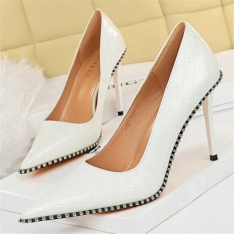 2023 Women Heels 8cm 10.5cm High Heels Rivets Studded Wedding Bridal Pumps Lady Nude Green Middle Low Heels Scarpins Party Shoes