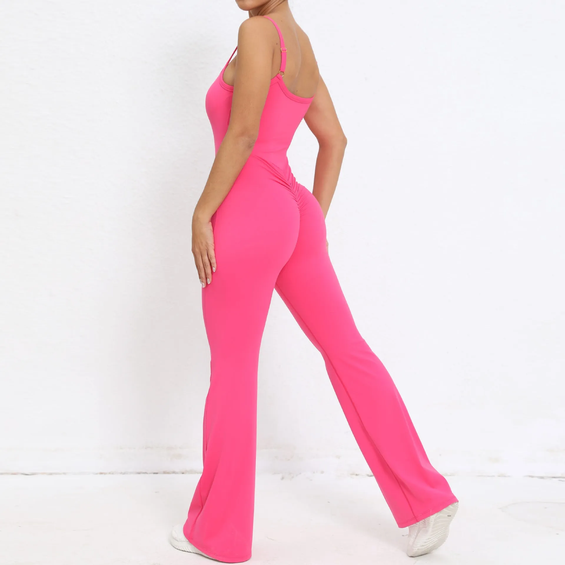 Adjustable shoulder strap flared one-piece yoga suit nude