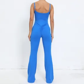 Adjustable shoulder strap flared one-piece yoga suit nude