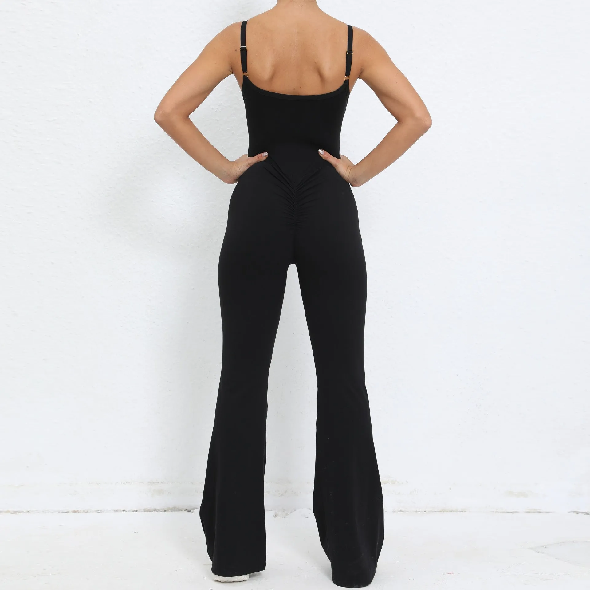 Adjustable shoulder strap flared one-piece yoga suit nude