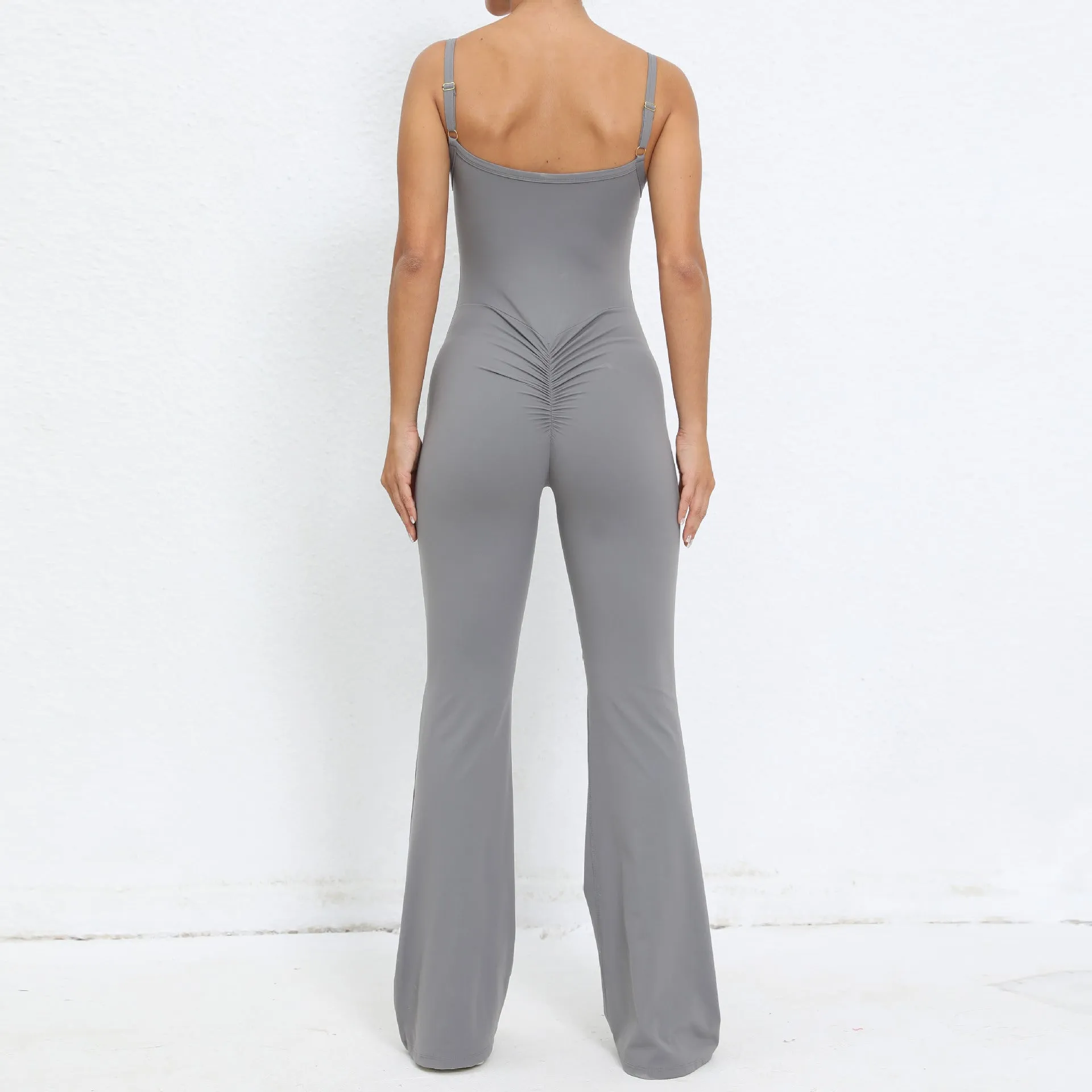 Adjustable shoulder strap flared one-piece yoga suit nude