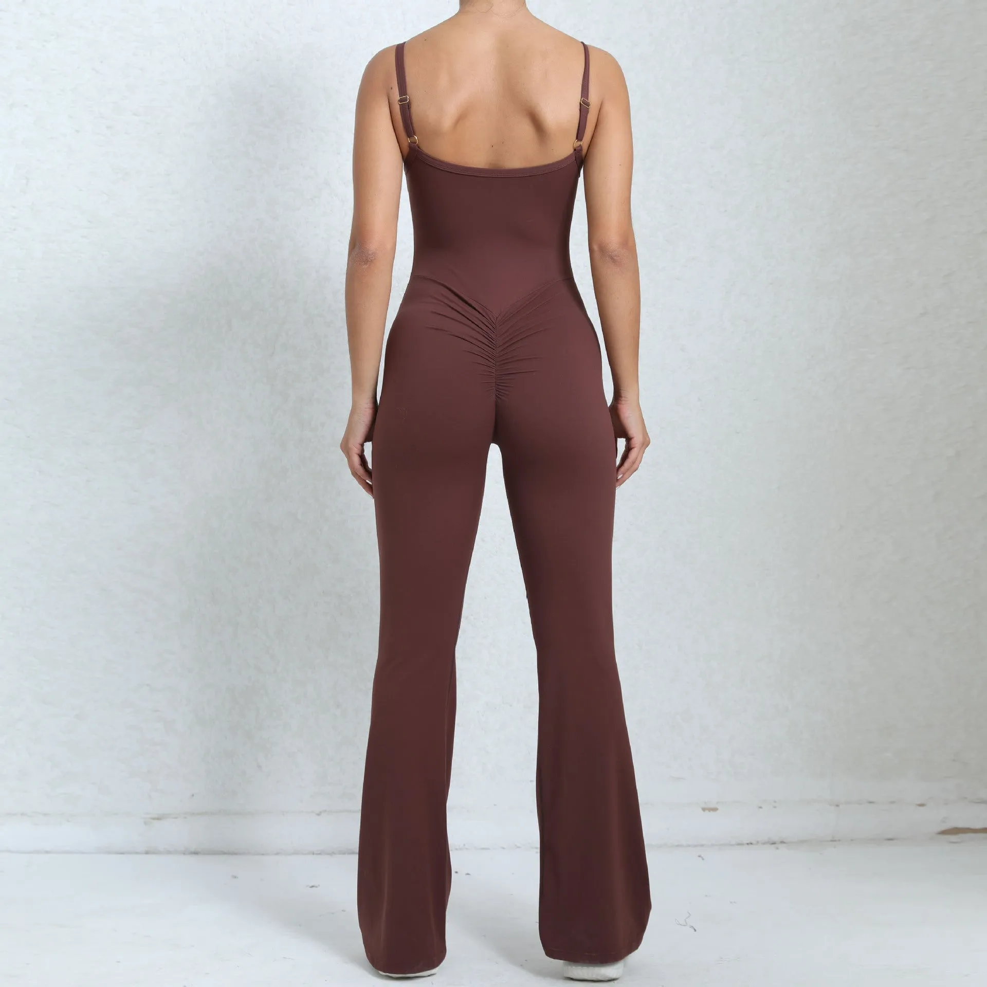 Adjustable shoulder strap flared one-piece yoga suit nude