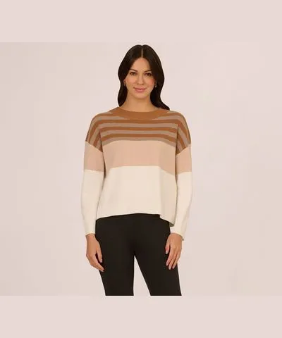 Adrianna Papell Drop Shoulder Boat Neck Color Blocked Sweater In Camel Ht Oatmeal Block Multi