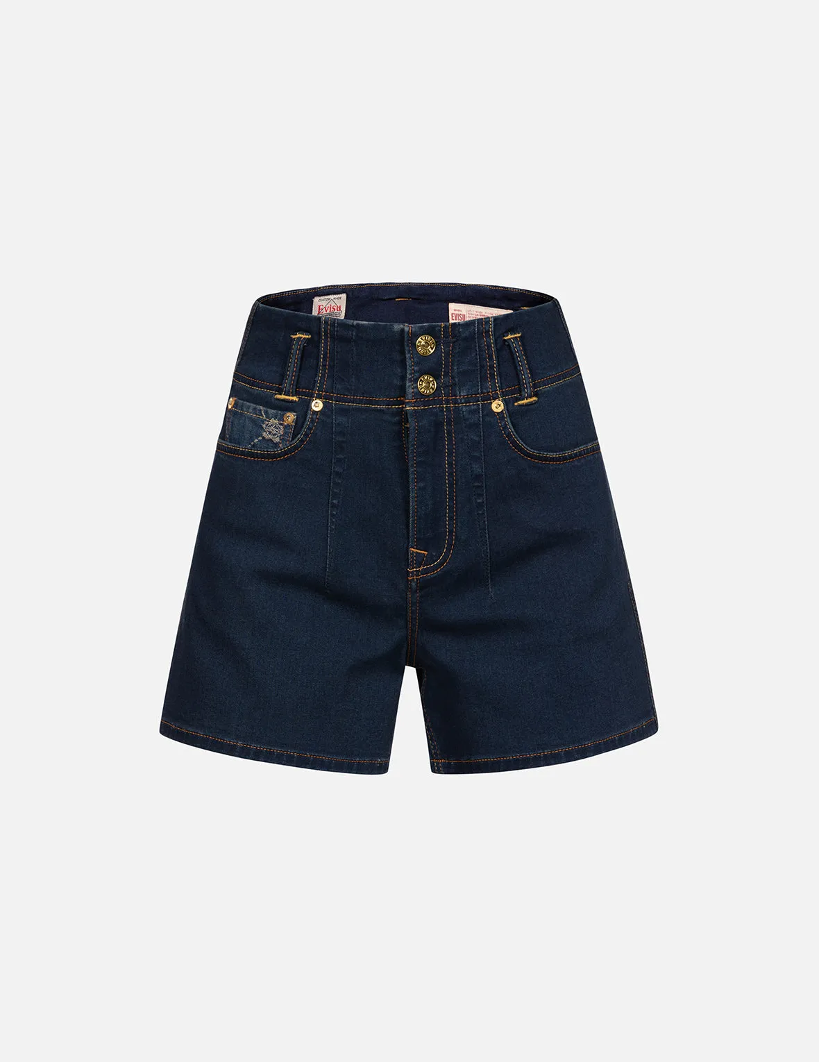 Allover Kamon Pattern Pockets High Waist Denim Shorts