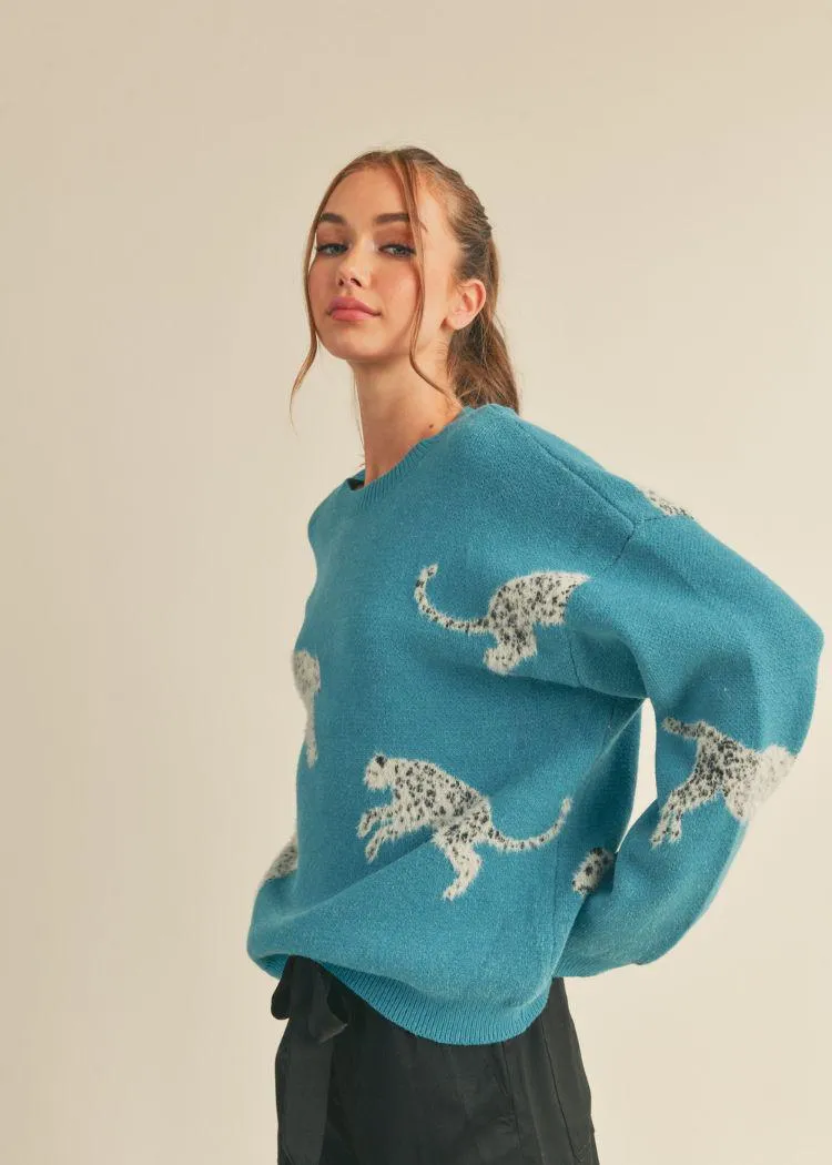 Amari Leopard Knit Sweater- Teal ***FINAL SALE***