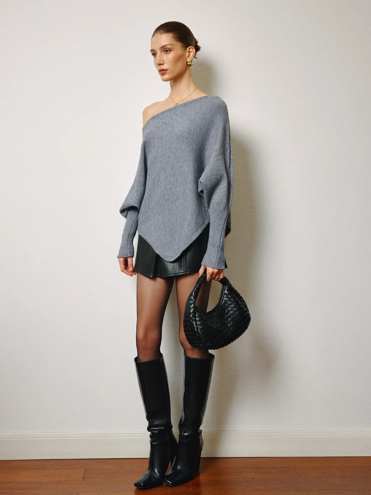 Asymmetrical Neck Leg-Of-Mutton Sleeve Sweater