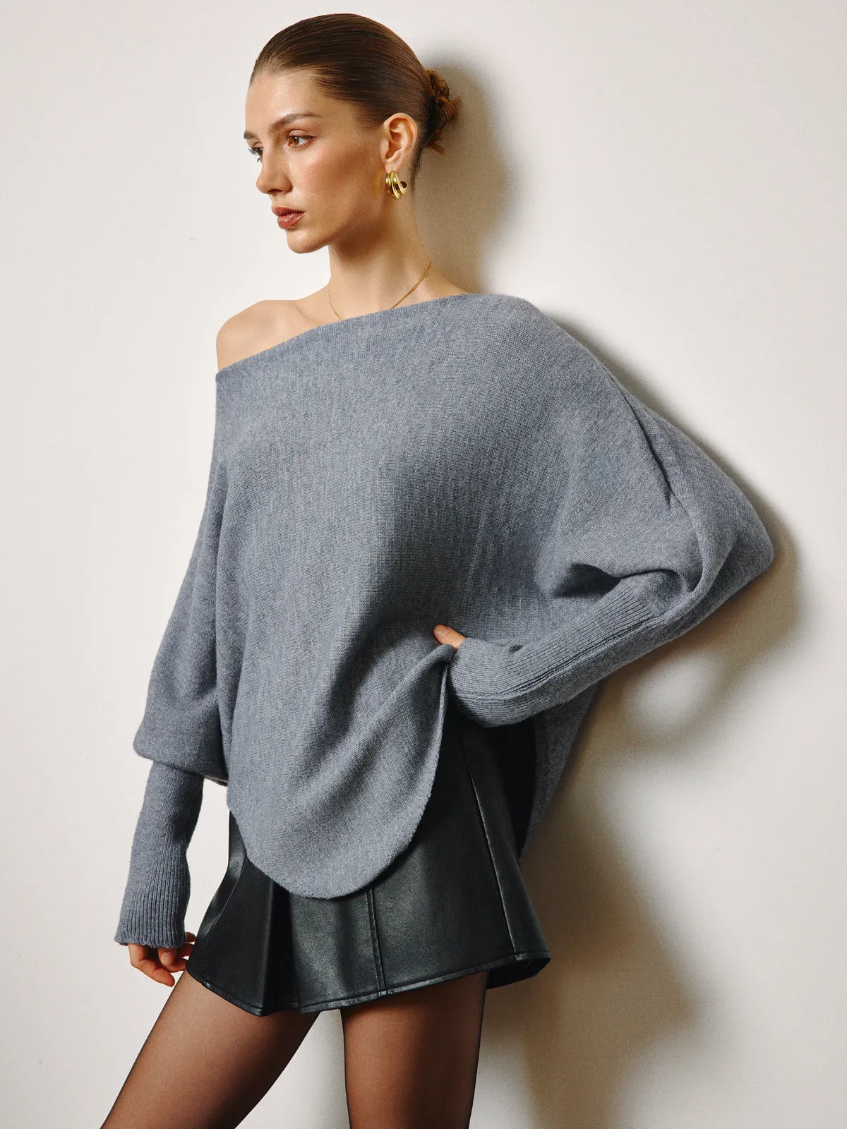 Asymmetrical Neck Leg-Of-Mutton Sleeve Sweater