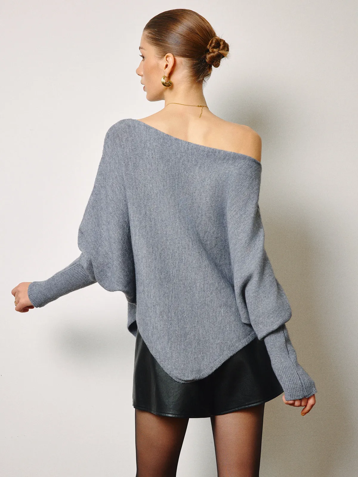 Asymmetrical Neck Leg-Of-Mutton Sleeve Sweater