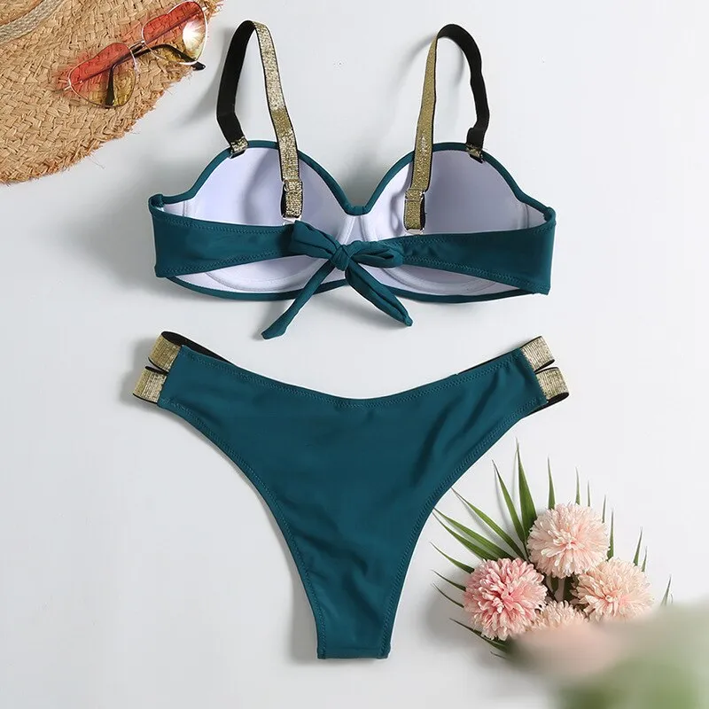 Bohemian Style Solid Color Sexy Low Waist Push Up 2 Piece Bikini Swimsuit