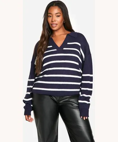 boohoo Womens Plus Collared Stripe Sweater