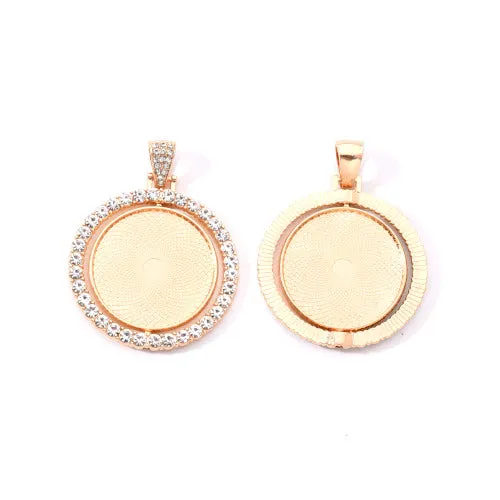 Cabochon Setting, Alloy, Rotatable Double-Sided Tray, Pendant Base, With Crystal Rhinestones, Flat, Round, Light Gold, Fits 30mm