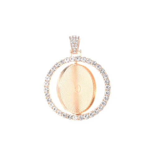 Cabochon Setting, Alloy, Rotatable Double-Sided Tray, Pendant Base, With Crystal Rhinestones, Flat, Round, Light Gold, Fits 30mm