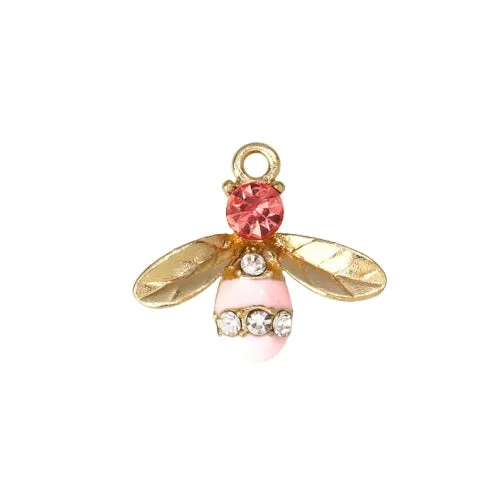 Charms, Bee, Single-Sided, Pink, Enameled, With Rhinestones, Light Gold Alloy, 17mm