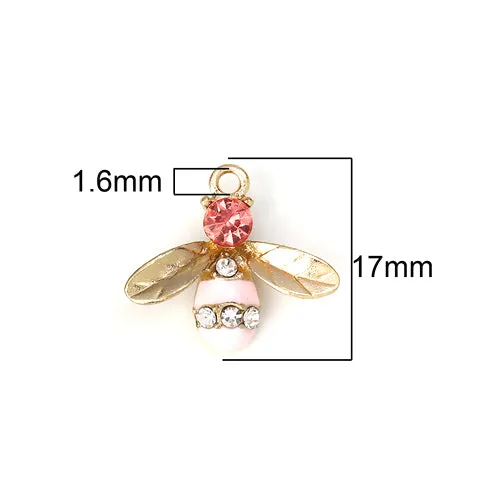 Charms, Bee, Single-Sided, Pink, Enameled, With Rhinestones, Light Gold Alloy, 17mm