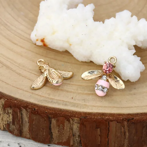 Charms, Bee, Single-Sided, Pink, Enameled, With Rhinestones, Light Gold Alloy, 17mm