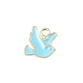 Charms, Birds, Dove, Single-Sided, Blue, Enameled, Golden Alloy, 10mm