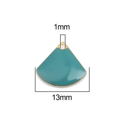 Charms, Fan-Shaped, Double-Sided, Teal, Enameled, Brass, Drops, 13mm