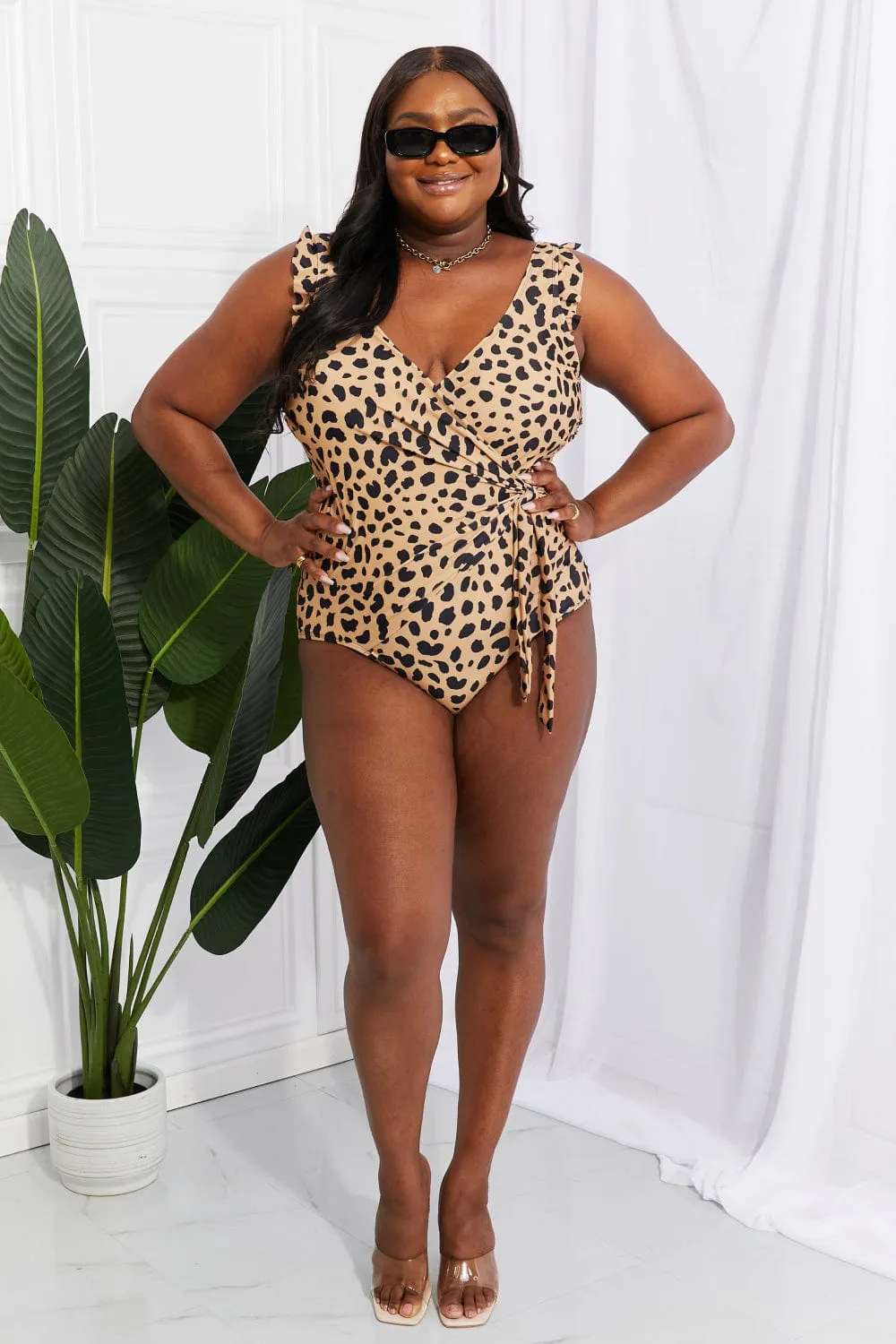 Curvy Plus Size Animal Leopard Print Ruffle Edge Faux Wrap One-Piece Swimsuit Swimwear