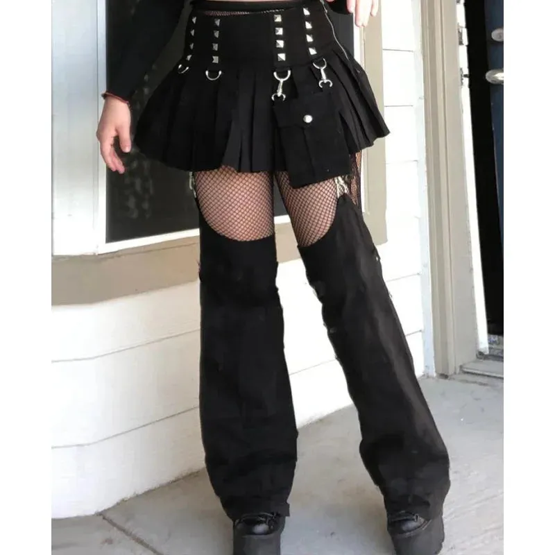 Dark Pleated Skirts With Trouser Legs Gothic Solid High Waisted A Line Mini Skirts Preppy Style Cool