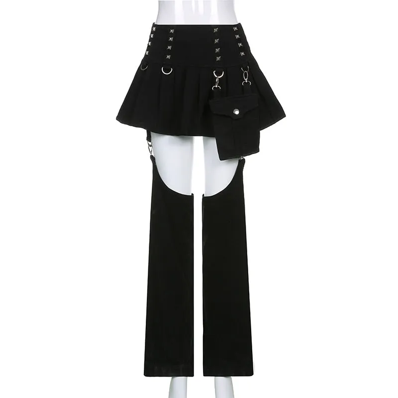 Dark Pleated Skirts With Trouser Legs Gothic Solid High Waisted A Line Mini Skirts Preppy Style Cool