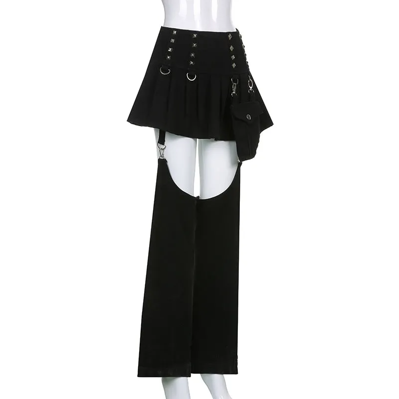 Dark Pleated Skirts With Trouser Legs Gothic Solid High Waisted A Line Mini Skirts Preppy Style Cool