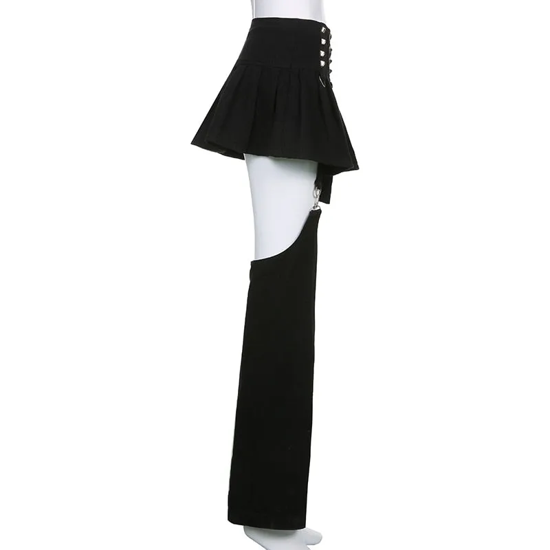 Dark Pleated Skirts With Trouser Legs Gothic Solid High Waisted A Line Mini Skirts Preppy Style Cool