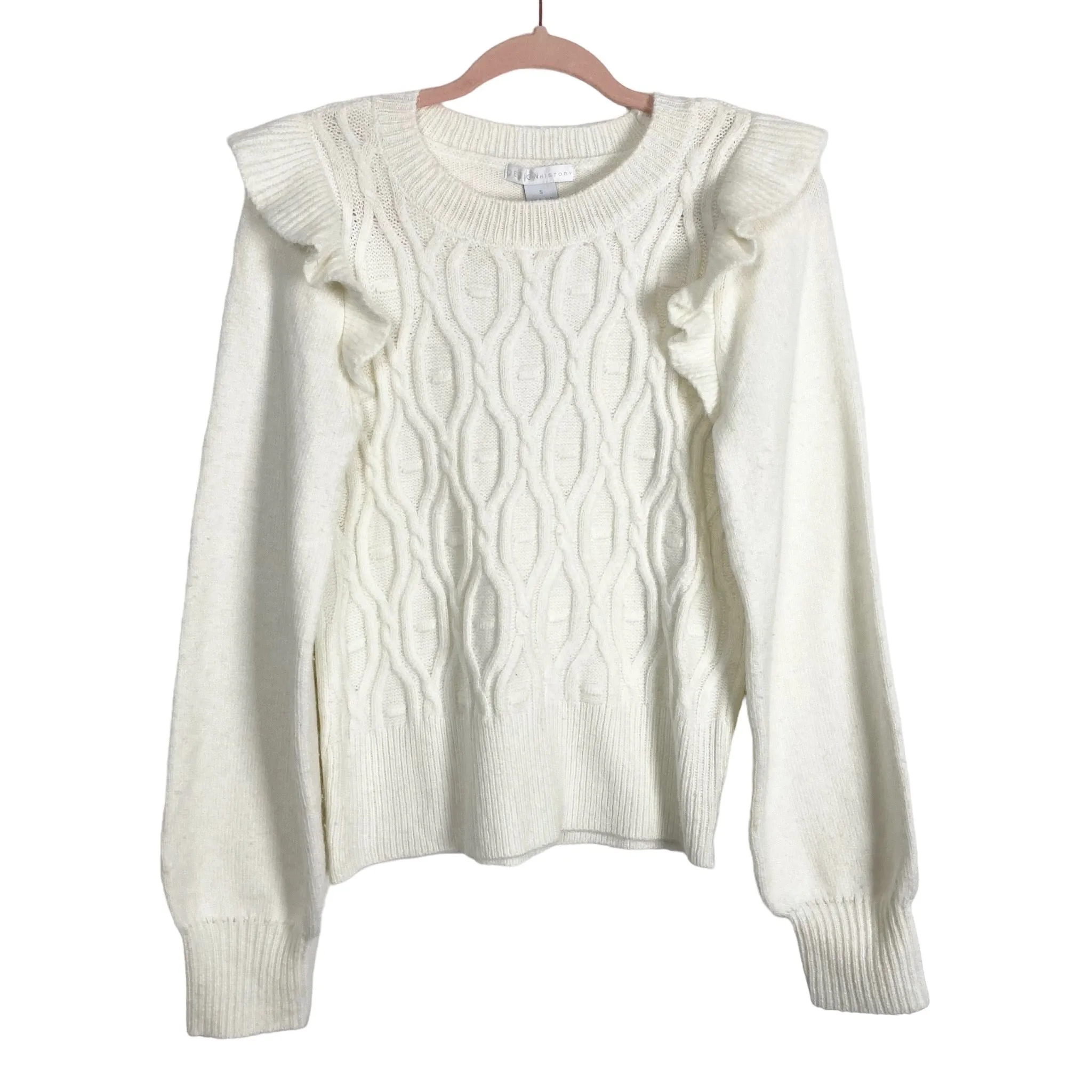 Design History White Cable Knit Ruffle Sweater- Size S (sold out online)