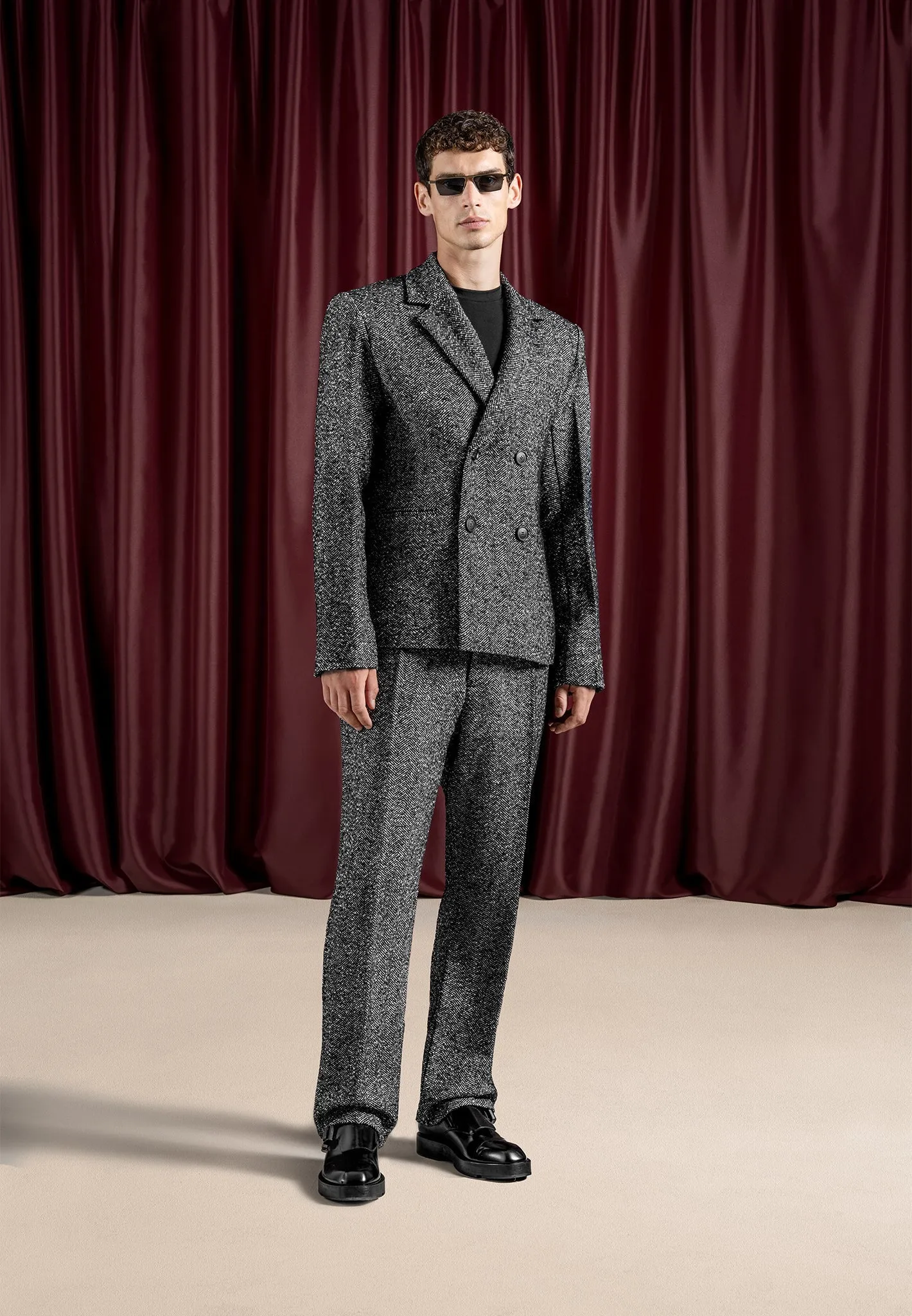 Double Breasted Herringbone Wool Blend Suit Jacket - Black