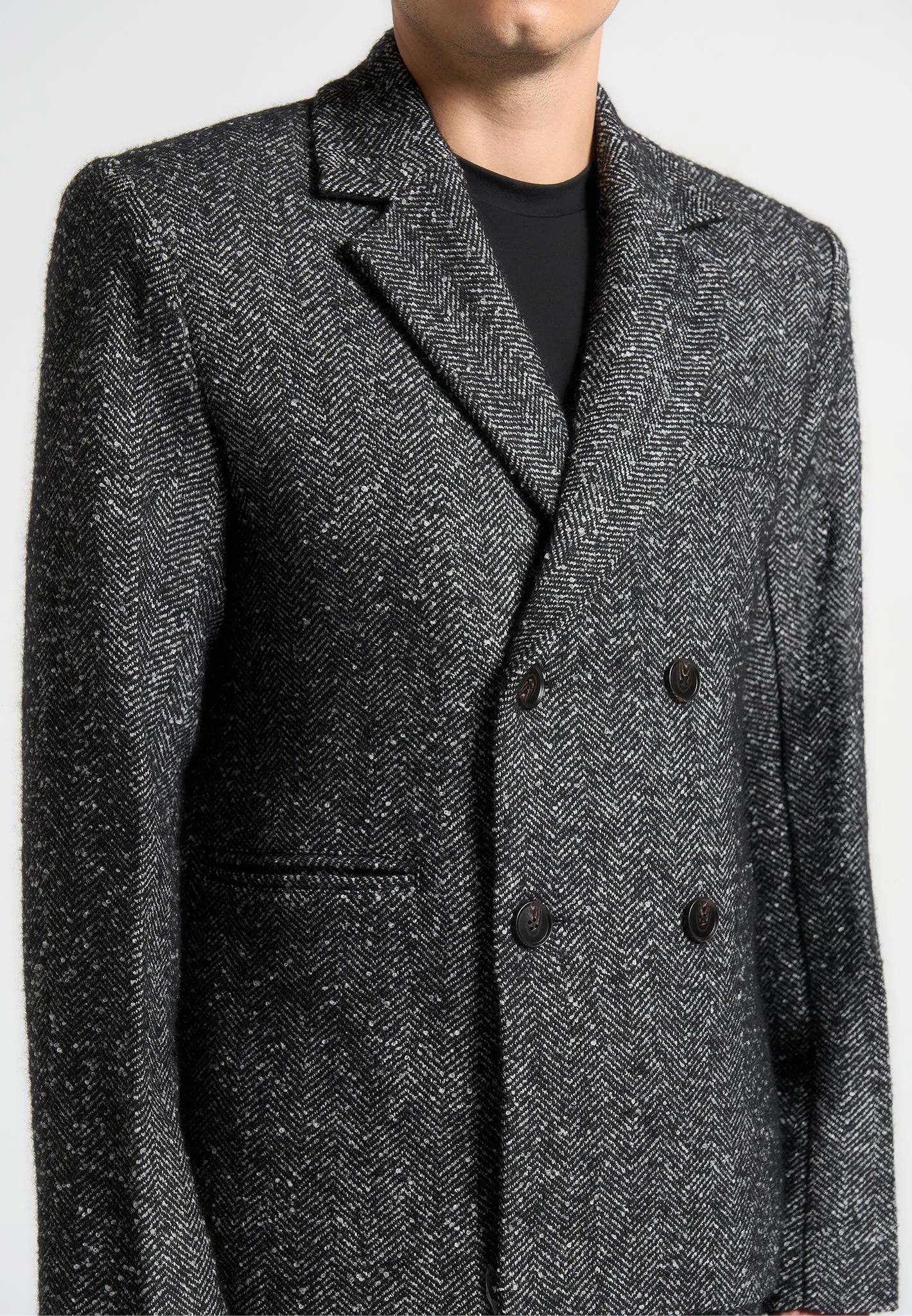 Double Breasted Herringbone Wool Blend Suit Jacket - Black