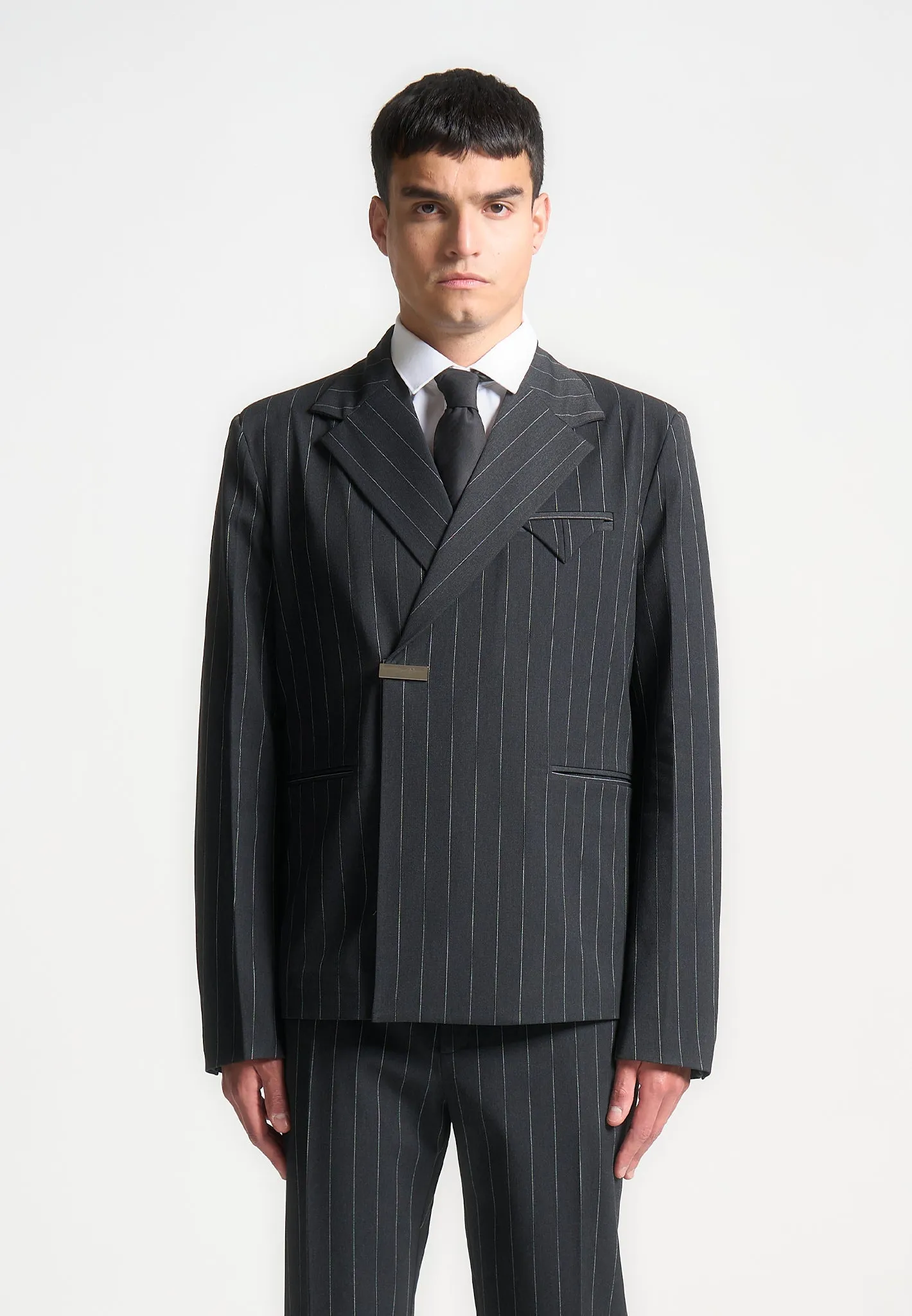 Double Breasted Pinstripe Suit Jacket - Grey