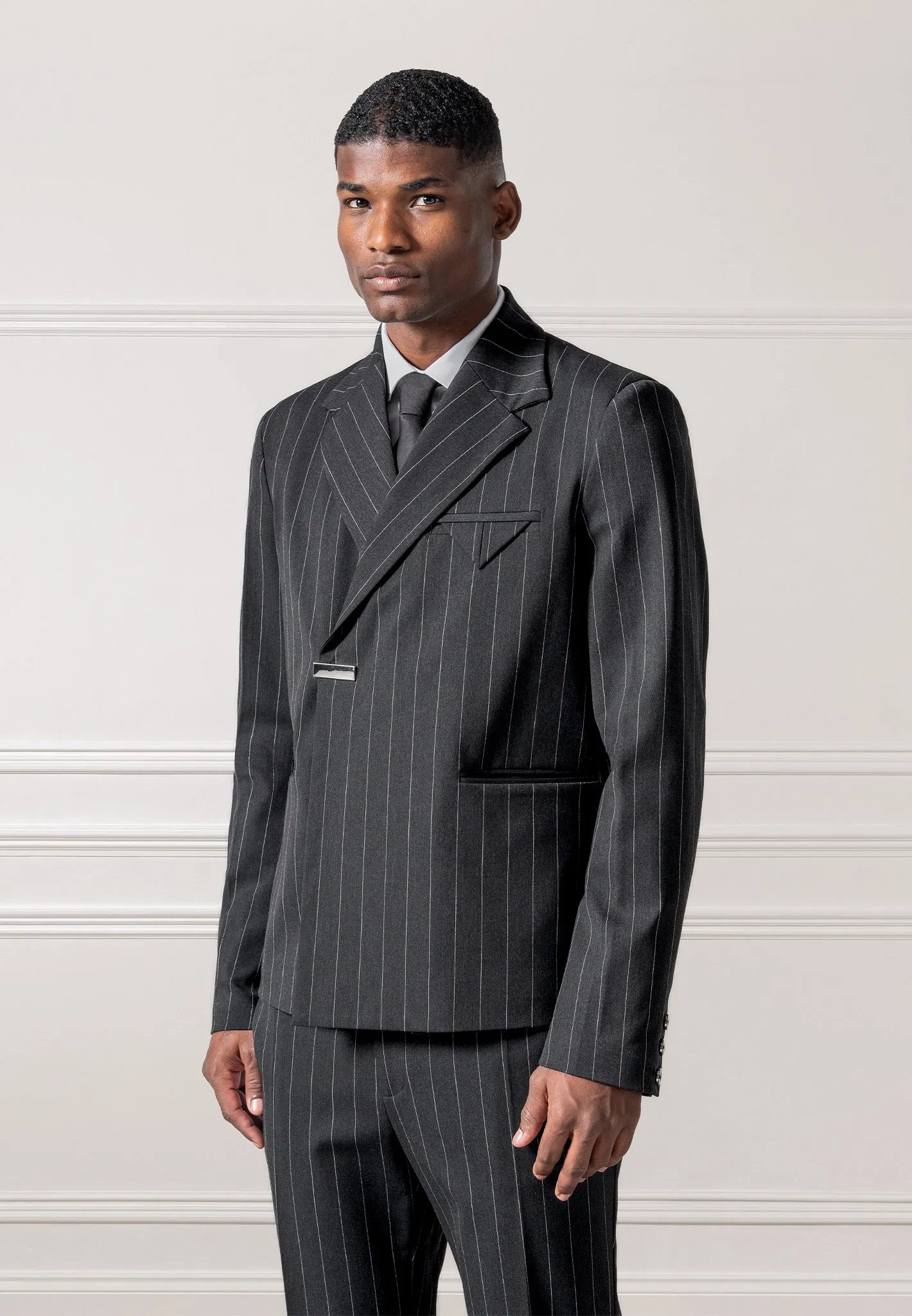 Double Breasted Pinstripe Suit Jacket - Grey