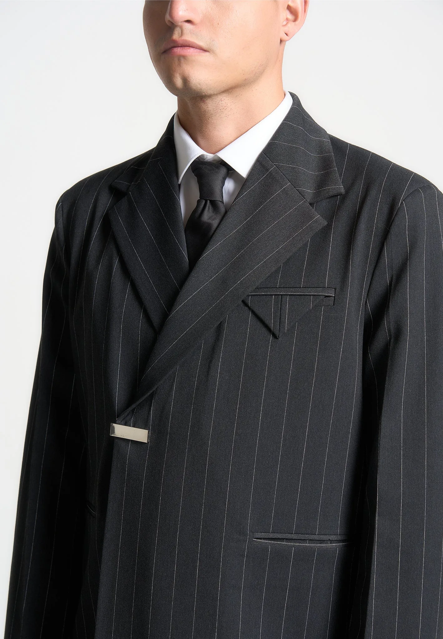 Double Breasted Pinstripe Suit Jacket - Grey