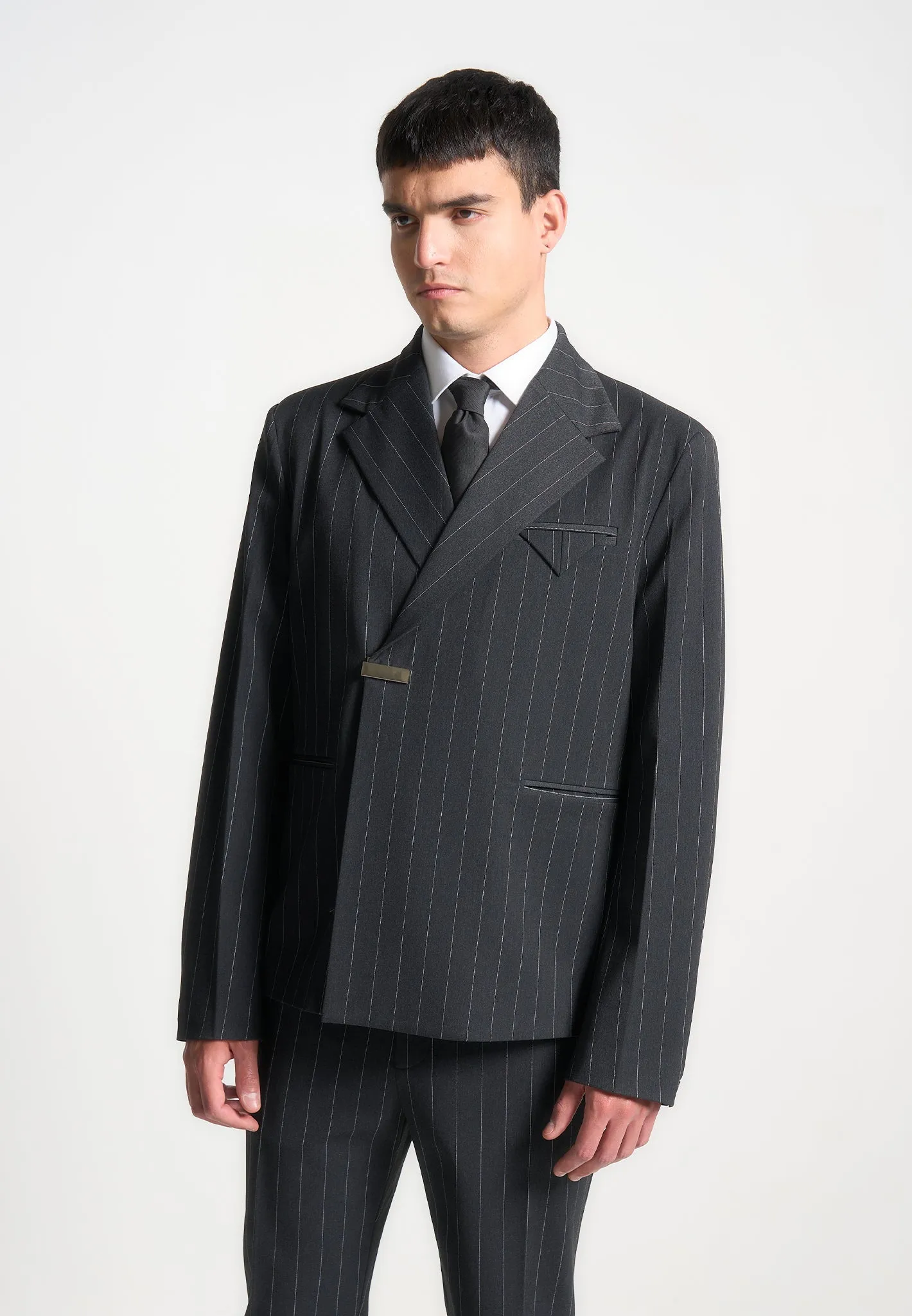 Double Breasted Pinstripe Suit Jacket - Grey