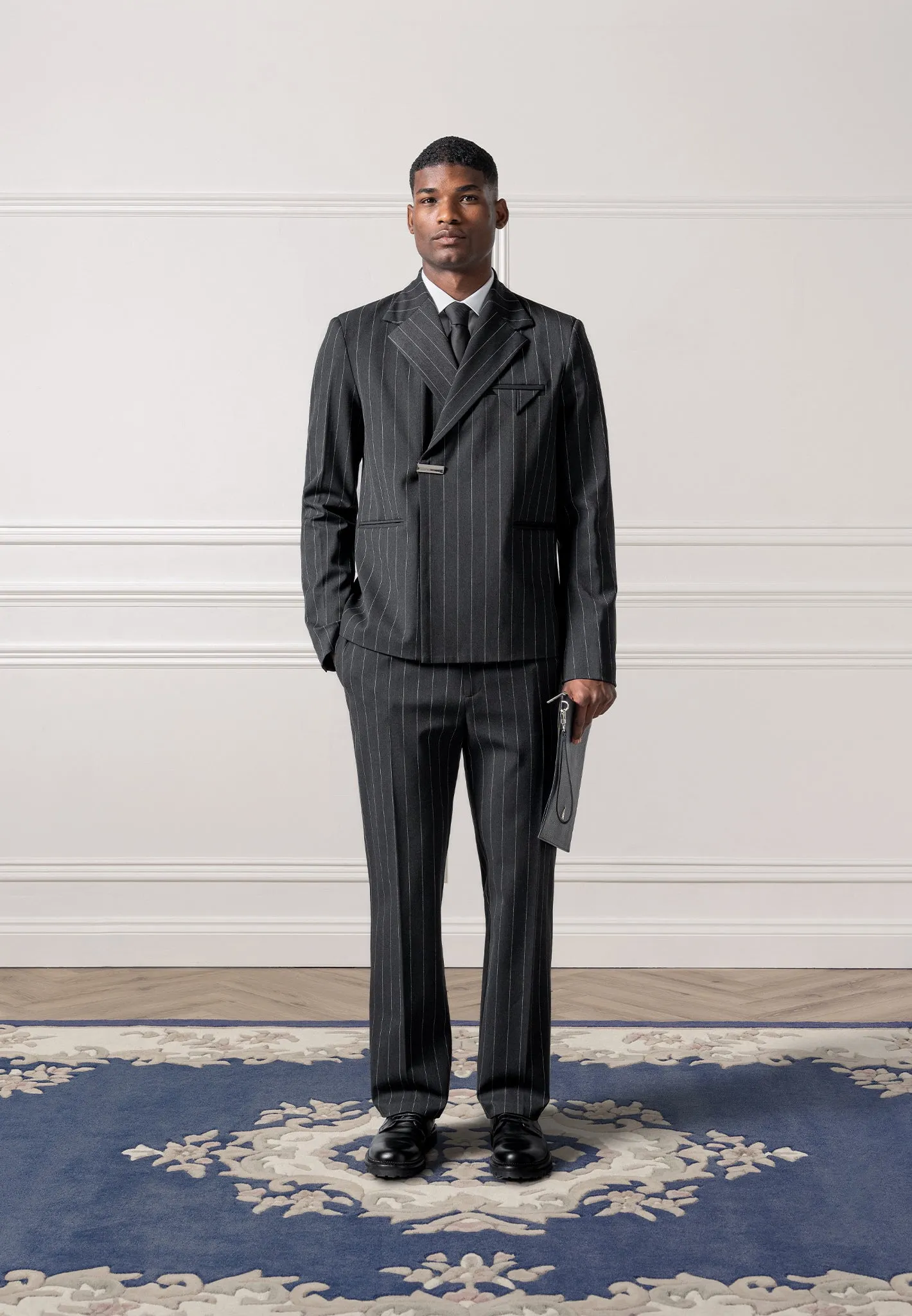 Double Breasted Pinstripe Suit Jacket - Grey