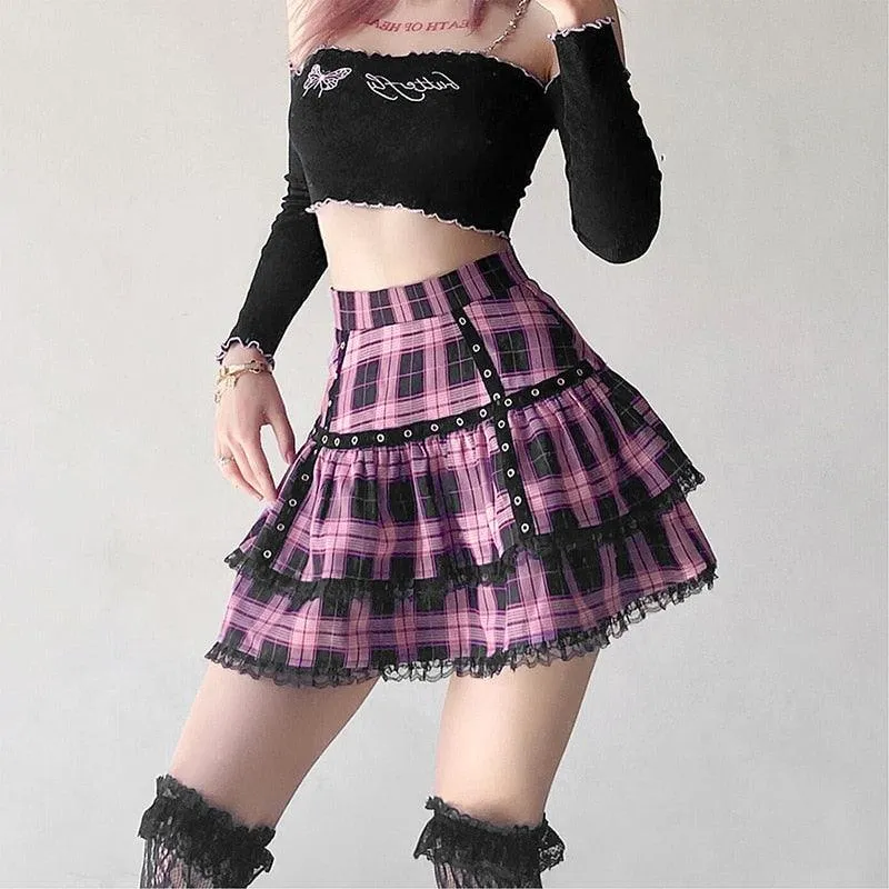 E-girl A-line Vintage High Waist Plaid Mini Skirt