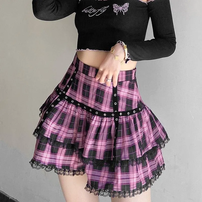 E-girl A-line Vintage High Waist Plaid Mini Skirt