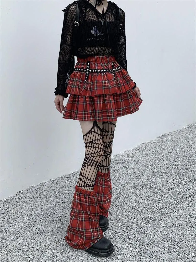 Gothic Style Plaid A-Line Empire Women Skirt with Elastic Waist and Leg Warmer Set