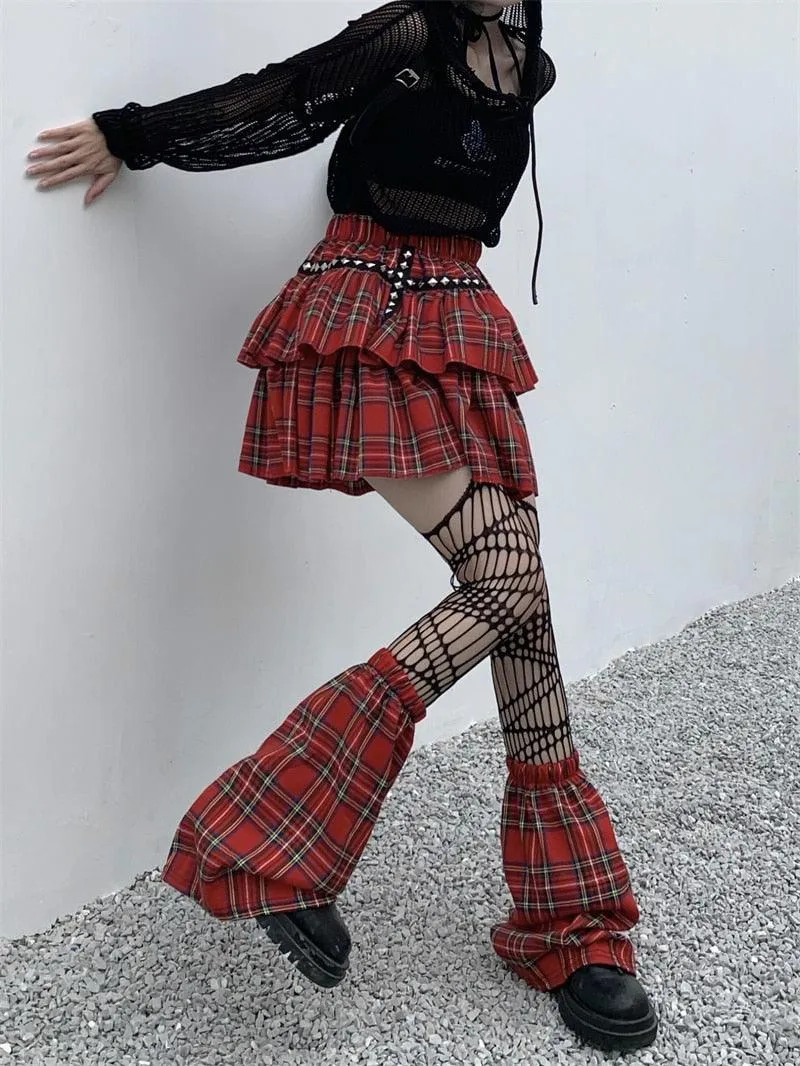 Gothic Style Plaid A-Line Empire Women Skirt with Elastic Waist and Leg Warmer Set