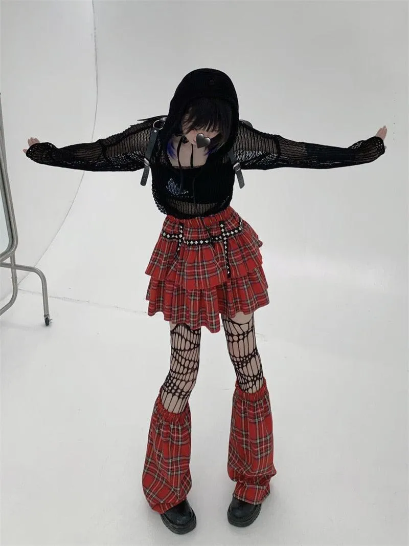 Gothic Style Plaid A-Line Empire Women Skirt with Elastic Waist and Leg Warmer Set