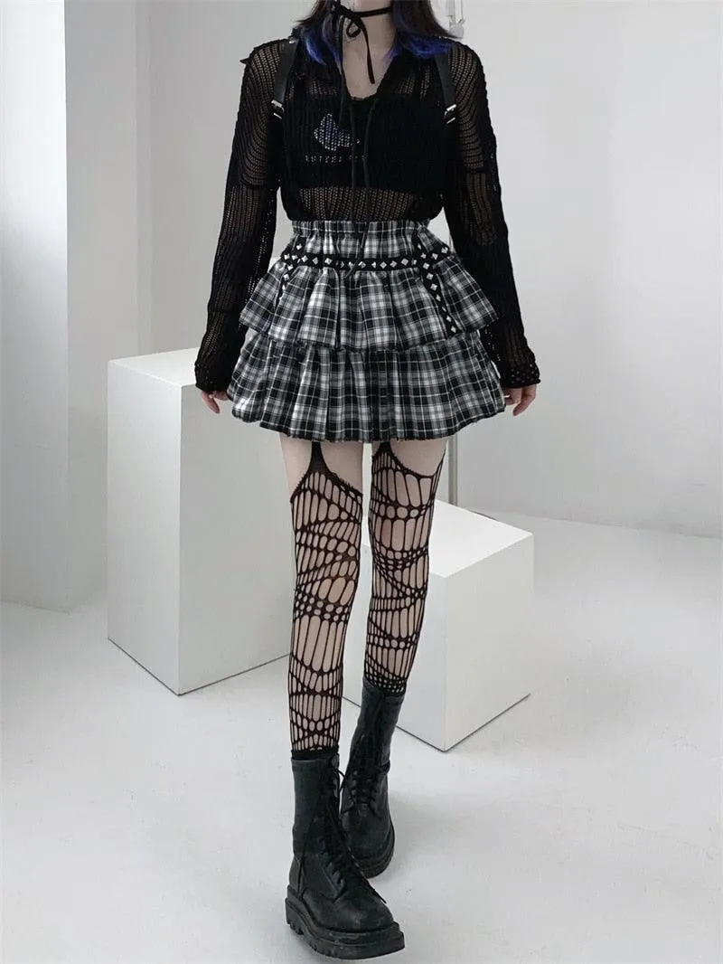 Gothic Style Plaid A-Line Empire Women Skirt with Elastic Waist and Leg Warmer Set