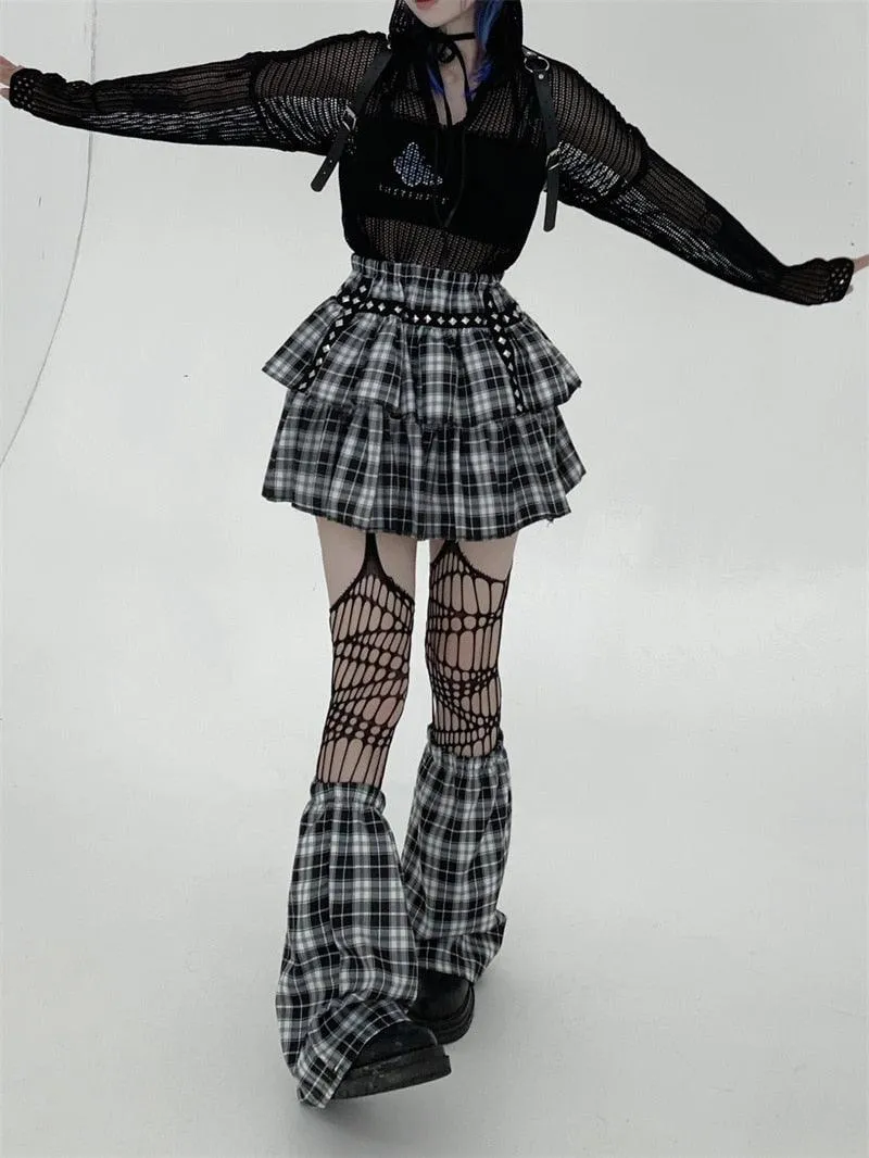 Gothic Style Plaid A-Line Empire Women Skirt with Elastic Waist and Leg Warmer Set