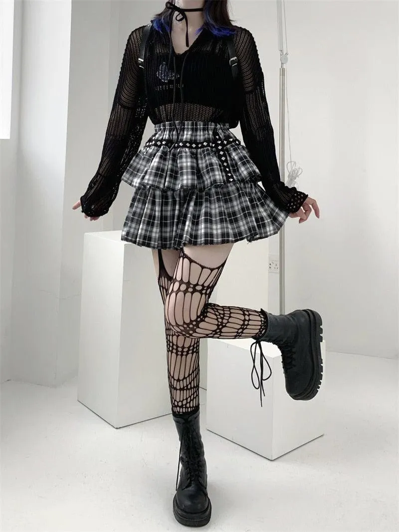 Gothic Style Plaid A-Line Empire Women Skirt with Elastic Waist and Leg Warmer Set